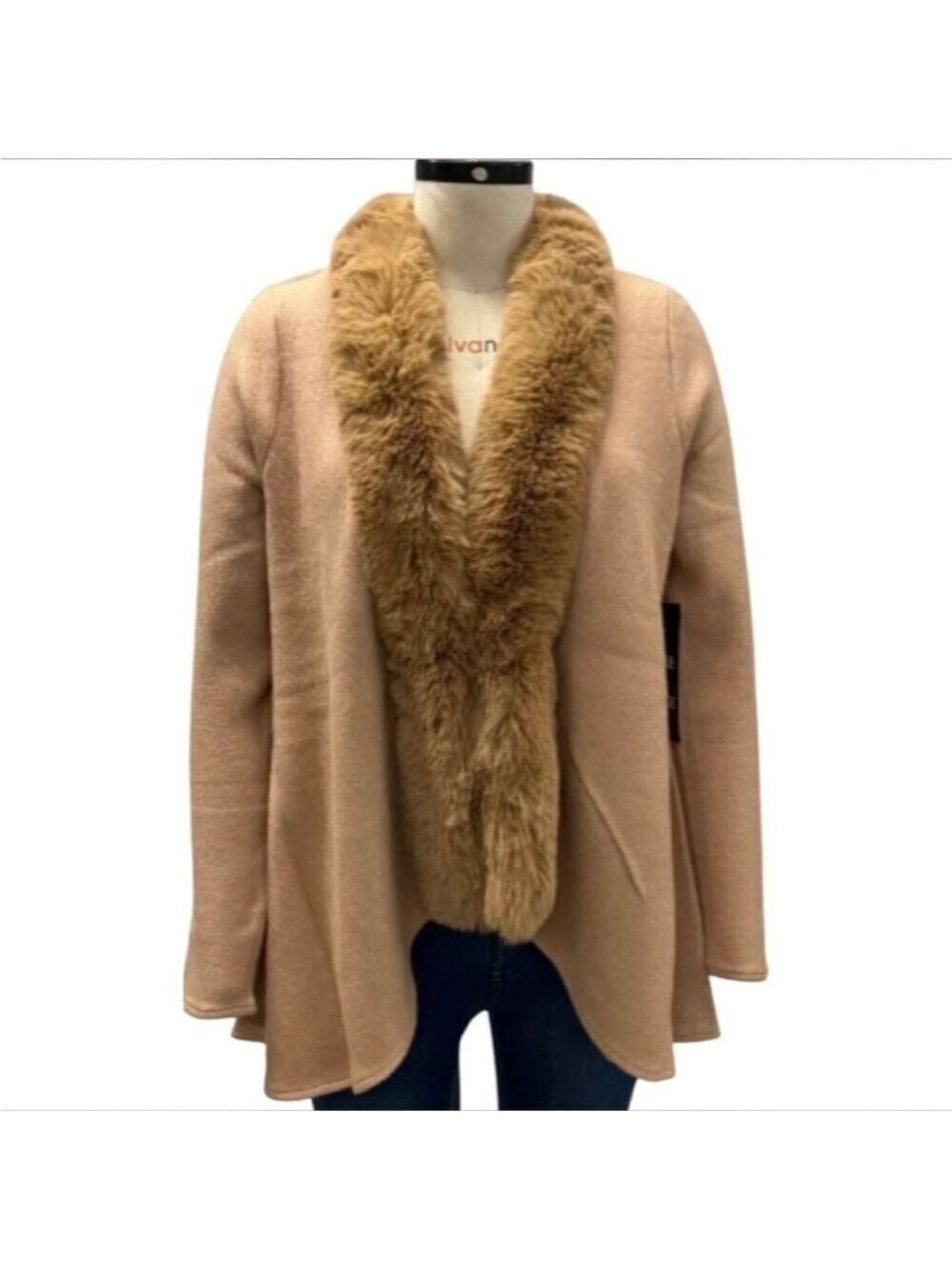 Women's Adrienne Landau Camel Faux Fur Collar Cardigan M